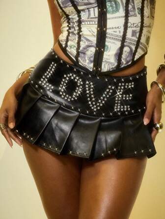 Y2K Punk Niet Dekor Ultra-tief Taillierte Mini Plissee Lederrock (Mit Leggings)