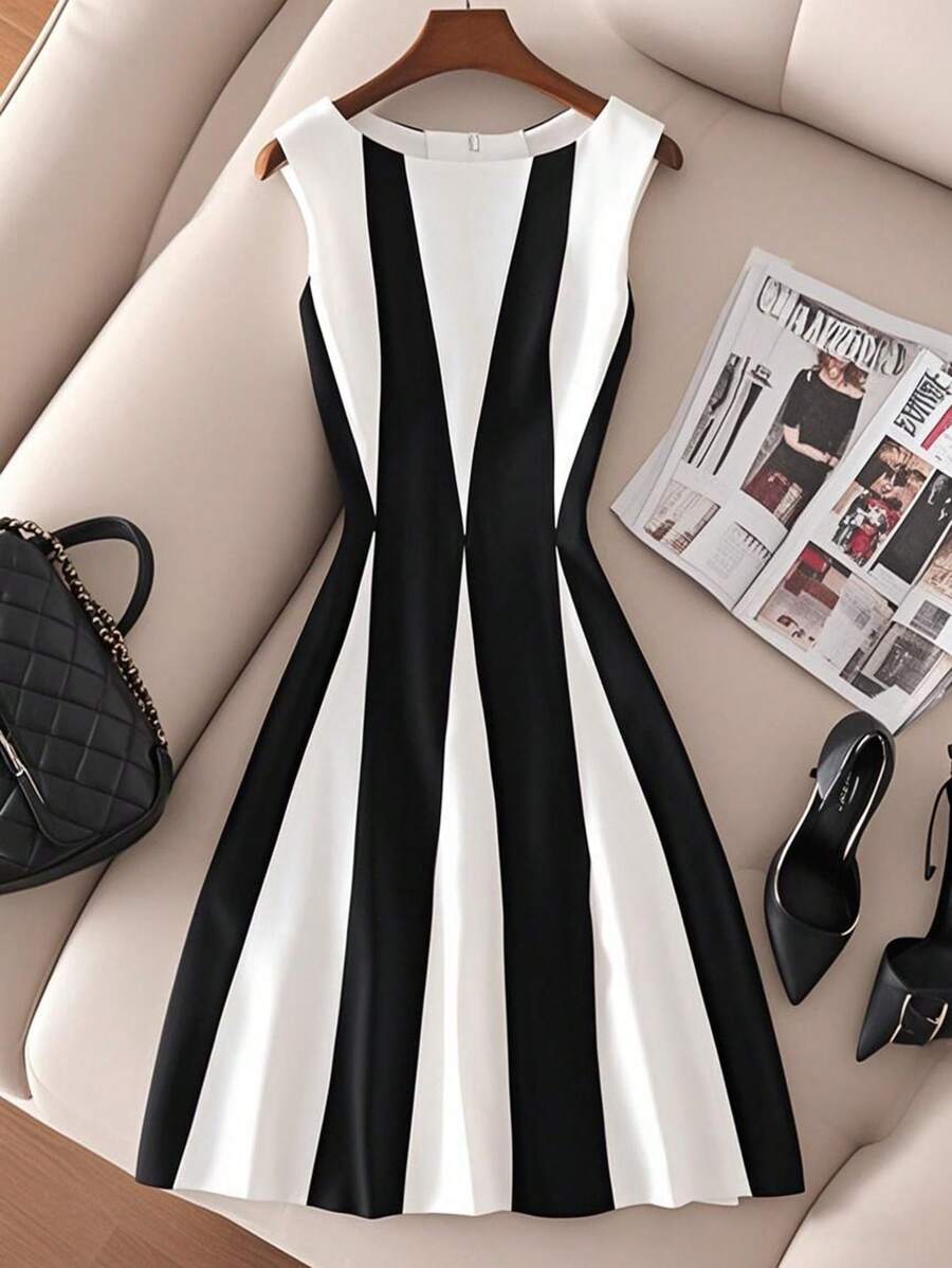 Franclia Black & White Asymmetrical Striped Sleeveless Dress - Black and White - View 1