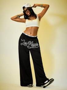 ROMWE Street Life Quần nỉ rộng rãi thêu tên thành phố Y2K Streetwear - màu đen - Xem 7