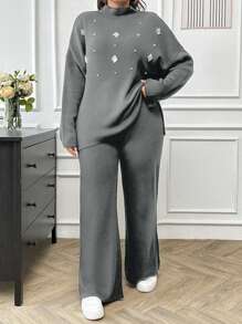 SHEIN Cottnline Women's Pearl Beaded Knit Sweater 2pcs/Set - Light Grey - View 5