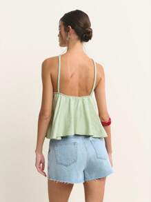 Nöista This Light Green Camisole Top Features Thin Straps Connected By A Knot At The Front Center, Creating A Soft Drape And Relaxed Fit. Its Pastel Shade And Gentle Silhouette Make It Ideal For Summer Outfits, Cute Summer Tops, Plus Size Summer Clothes, And Versatile Women's Summer Clothes. - Green - View 3