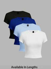 SHEIN Tall CURVE Bộ áo thun nữ tay ngắn cắt cúp trơn 4 món cỡ lớn, phù hợp cho mùa hè - Nhiều màu - Xem 8