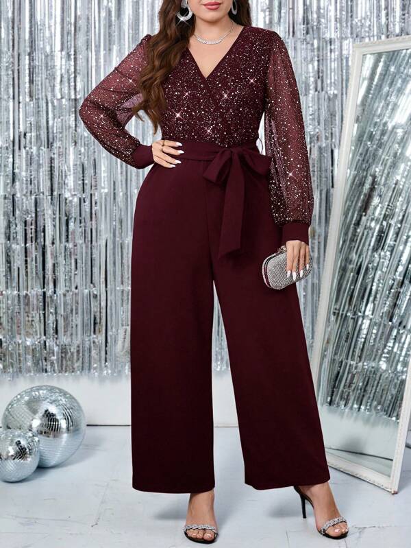 SHEIN Clasi Plus Size Elegant V-Neck Cinched Waist Mesh Patchwork Long Sleeve Jumpsuits