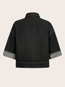 SHEIN Unity Women Single-Breasted Cargo Pocket Casual Loose Denim Jacket - Black - View 2