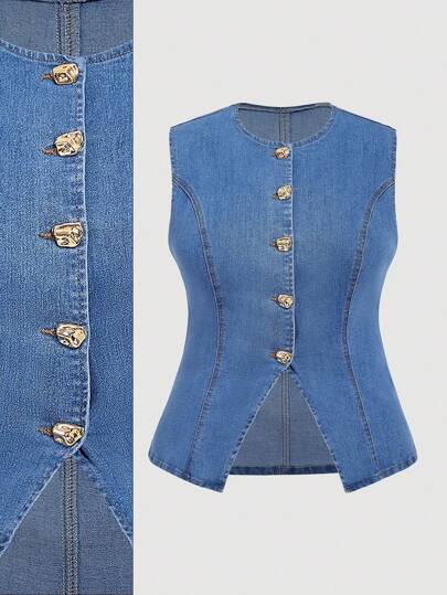 SHEIN MOD Plus Size Plain Round Neck Front Button Casual Sleeveless Denim Shirt,Women's Sleeveless Denim Vest Top With Gold Button Detail,Business Casual Woman,Women's Denim Casual Top, Minimalist Fashion For Everyday Wear Summer Outfits For Women Summer Tops Vacation Outfits Woman Tube Top Tank Tops Women Tops Women Crop Tops Western Wear Women Going Out Tops Women Going Out Tops Spring Outfits For Women Western Tube Tops Women