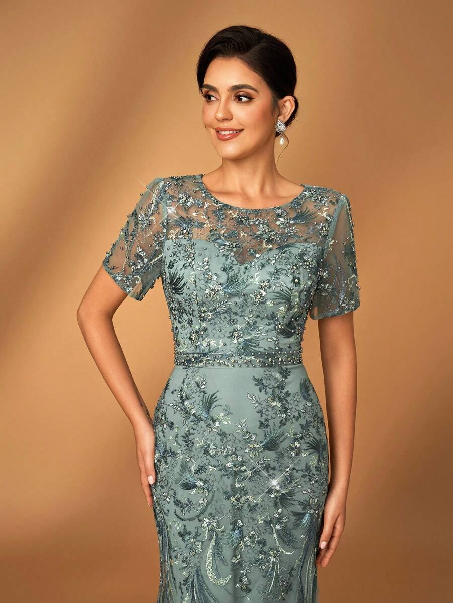 Serin Elegante y lujoso vestido con mangas transparentes, diseño floral bordado con encaje y cuentas de lentejuelas, adecuado para bodas, despedida de soltera, fiestas, banquetes, luna de miel