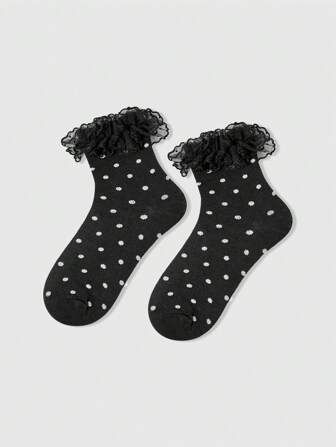 Kawaii Calcetines casuales de tripulación con puño de volantes e impresión de lunares para mujeres
