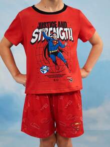 SUPERMAN X SHEIN Young Boy Summer Casual Superhero Contrast Trim Round Neck Short Sleeve T-Shirt And Shorts Set - Multicolor - View 3