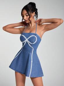 SHEIN EZwear 夏季性感露背蝴蝶结装饰迷你牛仔吊带裙 - 淺色水洗藍 - 查看 3