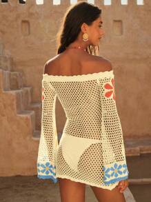 Swim Chiccia Women's Dopamine Print Floral Off Shoulder Loose Beach Cover-Up, Vintage Countryside Style Sweet Hollow Out Mesh Long Sleeve Flare Cuff Knit Maxi Dress For Spring/Summer Holiday