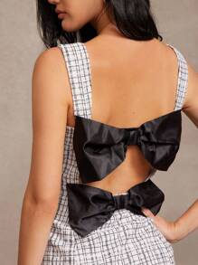 L'Amorae 优雅格子蝴蝶结装饰露背迷你连衣裙，夏季