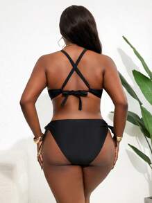 Slaydiva Plus Size Women Deep V Neck Solid Color Sexy Halter One-Piece Swimsuit For Summer Beach Vacation - Black - View 2