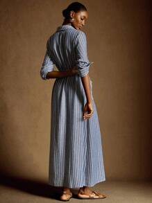 Écloséra Casual Temperament Elegant Fashionable Simple Commuting Daily Versatile Stylelapel Long-Sleeved Cardigan Large Pockets Loose Waist Drawstring Non-Elastic Yarn-Dyed Blue Stripes Ladies' Four Seasons Dress Vintage Vintage Clothes Women Vacation Dress Fall Cloth For Women