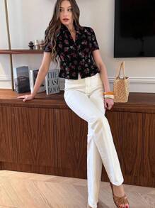 Pariaura Áo cánh tay ngắn in hoa phong cách cổ điển cho nữ - Nhiều màu - Xem 3