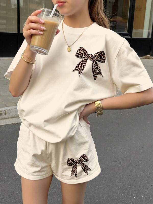 2pcs Vintage Bow Tie & Leopard Print Tween Girls Casual Minimalist Short Sleeve Top And Shorts Set, Summer