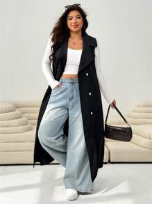 Solflare Women Plus Size Black Sleeveless Casual Trench Coat Sleeveless Blazer Winter Fall Autumn