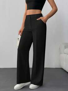 SHEIN Pantalones de pierna ancha con talle alto y diseño entallado, con detalle de costura frontal, diseño acampanado hasta el suelo, colección minimalista moderna, estilo profesional elegante, con pinza central planchada, pantalones para ocasiones formales