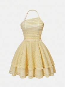 Lunivi Teen Girls Casual Spaghetti Strap Ruffled Snug Fit Dress, Suitable For Beach Vacation & Banquet