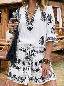 LanaWest Women's Summer High Collar Tied Puff Sleeve Embroidered Top And Elastic Waist Embroidered Shorts Two Pieces Set, Woven Fabric, Casual, Fashionable, Loose, Elegant - Multicolor - View 4