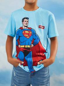 SUPERMAN X SHEIN Tween-Jungen Lässig Street Style Cartoon Held & Buchstaben Polka Dot Muster Kurzarm T-Shirt, Sommer - Blau - Übersicht 6