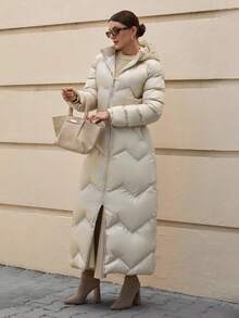 CLARA VERO Damskie jednokolorowe, zapinane na suwak i kieszenie, długie, zimowe płaszcze - Beżowy - Zobacz 7