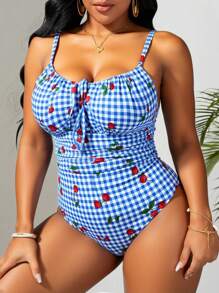 Swim Mod 大码樱桃印花格子连体泳衣，度假和海滩 - 黑色 - 查看 4