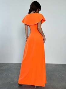 Firerie 夏季女式优雅休闲 V 领短袖金属装饰腰 A 字形 X 设计长裙，橙色 - 亮橙色 - 查看 3