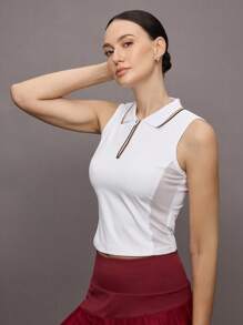 Activina Women's Summer Casual Striped Print Half-Zip Slim Fit Sleeveless Sports Polo Shirt - White - View 4