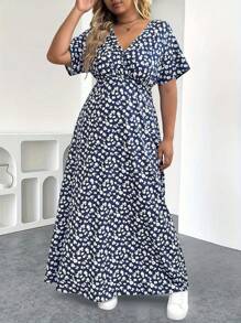 EMERY ROSE Plus Size Unique Floral, Fashionable Sexy V-Neck Polka Dot Short Sleeve Dress, Bohemian Dress - Blue and White - View 1
