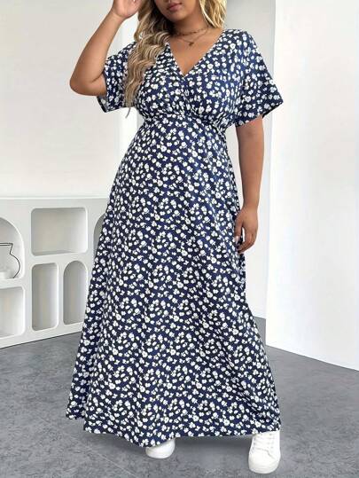 EMERY ROSE Plus Size Unique Floral, Fashionable Sexy V-Neck Polka Dot Short Sleeve Dress, Bohemian Dress