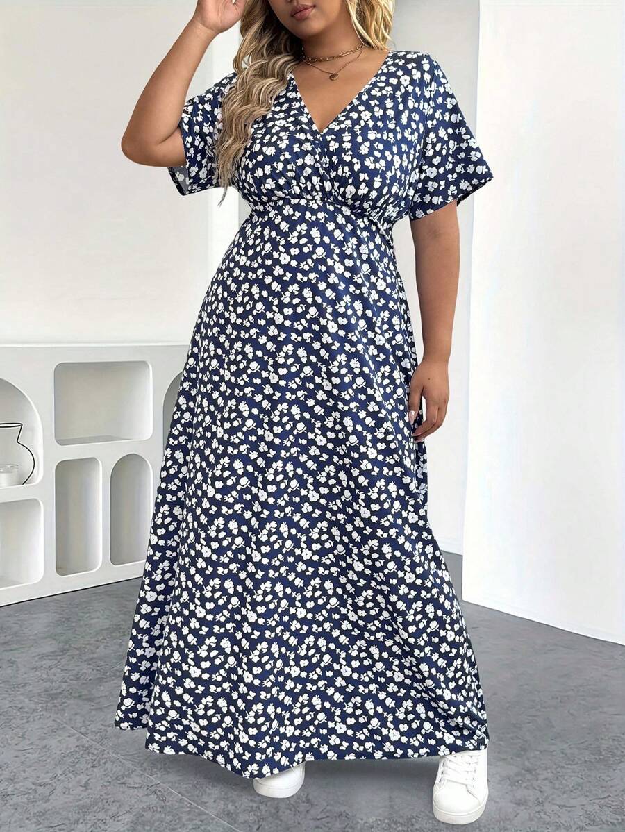 EMERY ROSE Plus Size Unique Floral, Fashionable Sexy V-Neck Polka Dot Short Sleeve Dress, Bohemian Dress - Blue and White - View 1