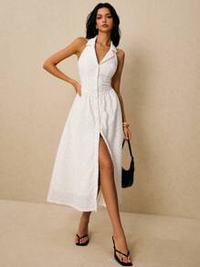 Poéselle Women's Summer Elegant Solid Color Hollow Out Embroidery Front Button Backless Halter Dress - White - View 8