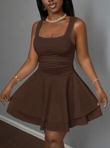 Slaydiva 女士休闲基本款甜美褶饰方领 A 字短裙，夏季 - 棕色 - 查看 4