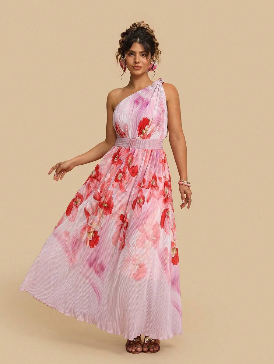 SHEIN VCAY Plus Size Women Floral Print Sleeveless Vacation Dress - Pink - View 1