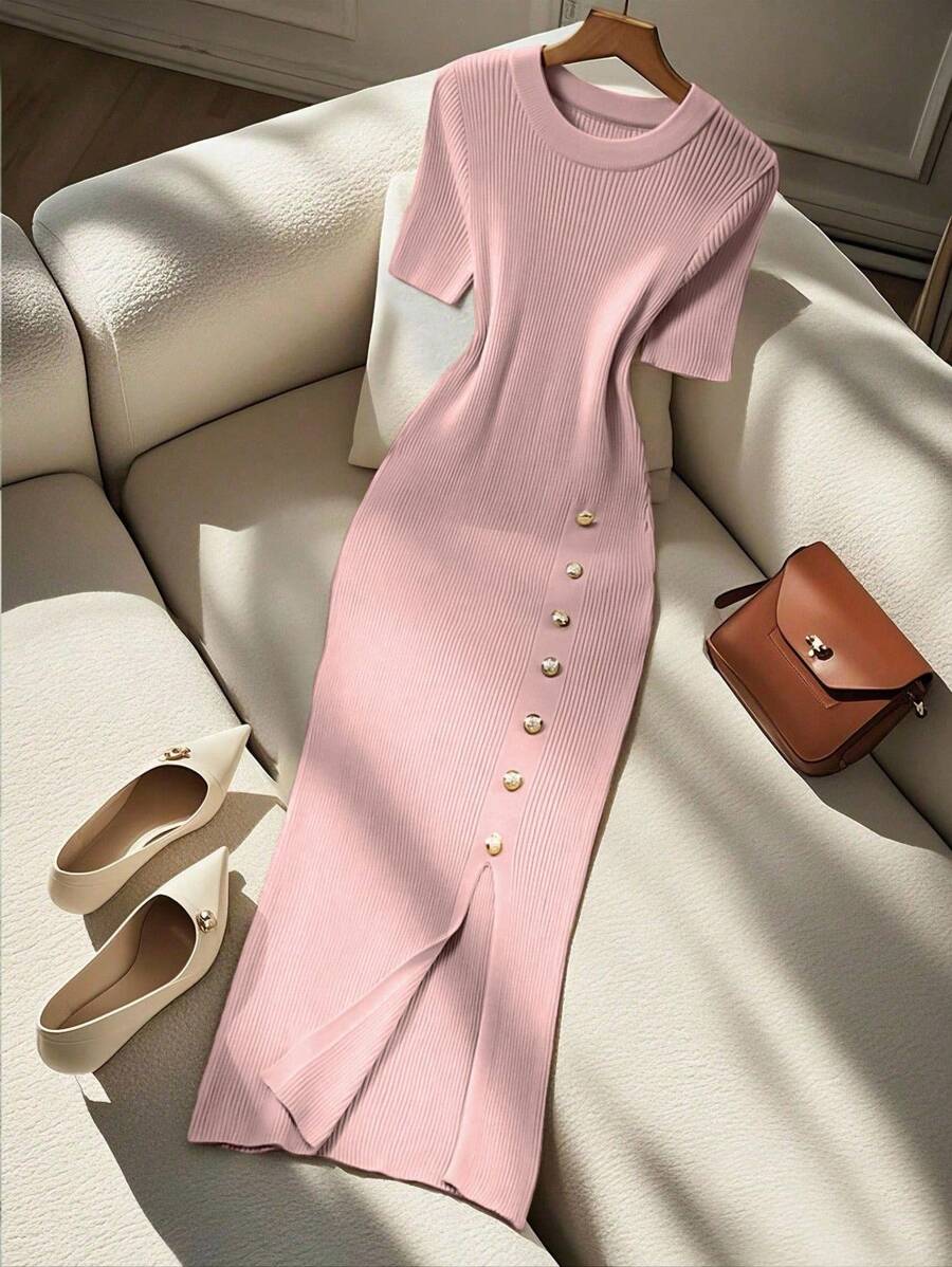 SHEIN Franclia 女式短袖优雅修身圆领装饰纽扣针织连衣裙 - 粉色 - 查看 1