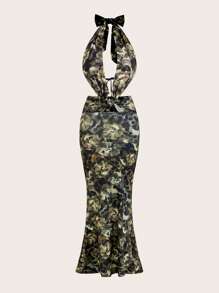 SHEIN Unity Women's Sexy Backless Spaghetti Strap Full Print Fishtail Hem Long Dress, Summer Holiday Resort Style