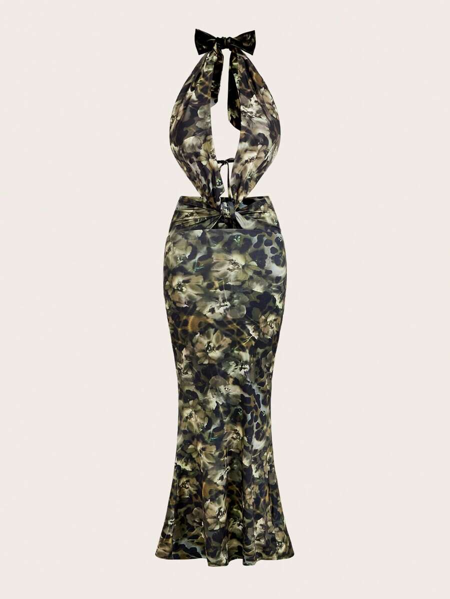 SHEIN Unity Women's Sexy Backless Spaghetti Strap Full Print Fishtail Hem Long Dress, Summer Holiday Resort Style