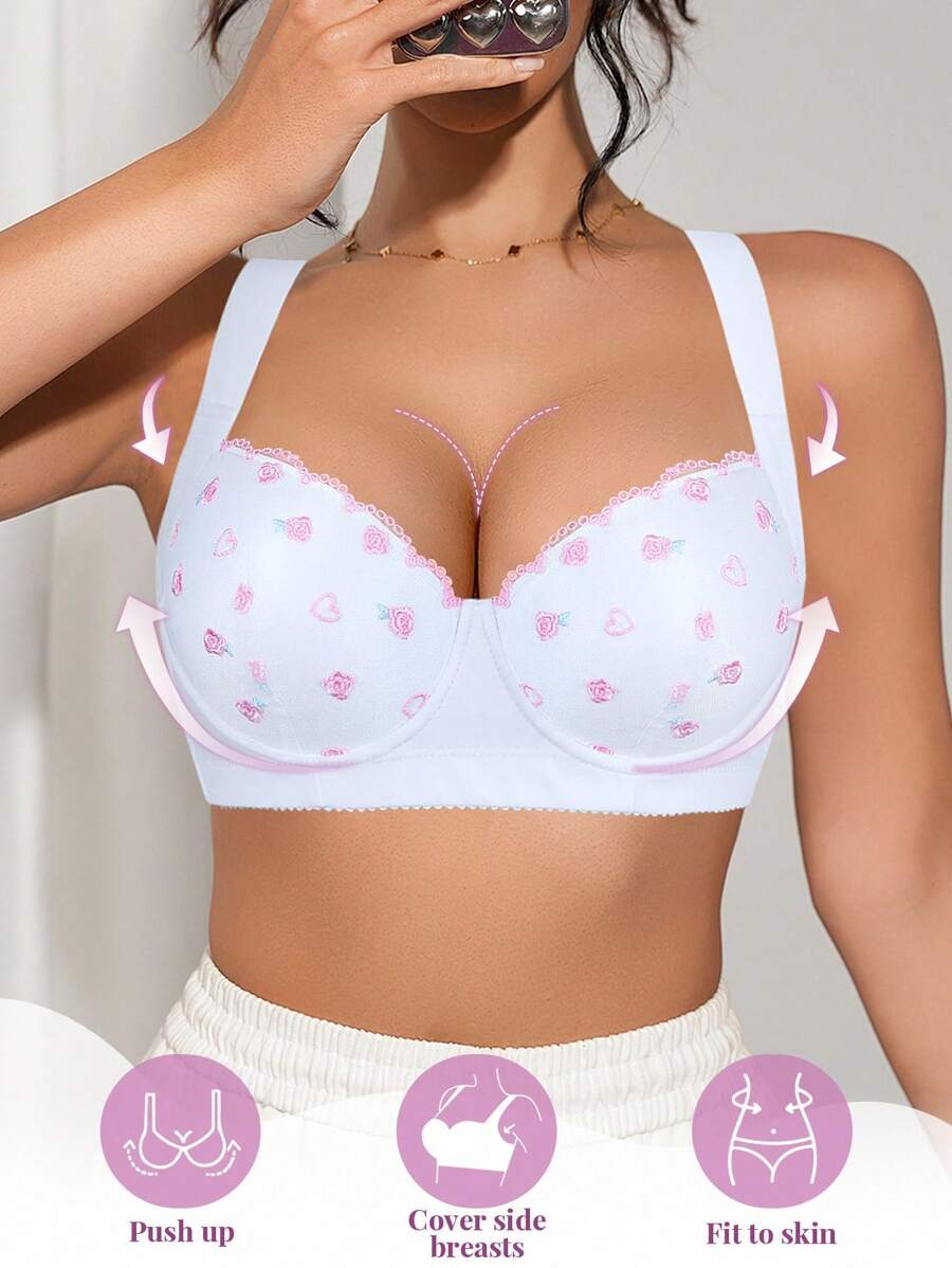 PetitDoll 1pc Women's Mesh Embroidery Bra, Soft Comfortable Wide Strap Underwire Push Up Adjust Bra - White - View 1