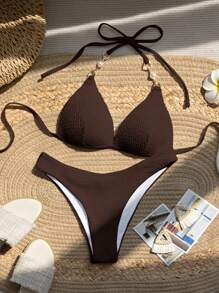 SHEIN Swim 女款夏季海灘素色掛脖綁帶性感比基尼兩件式泳衣套裝 - 鏽棕色 - 查看 2