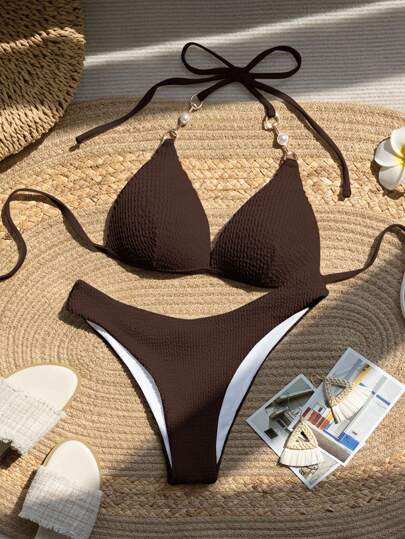 SHEIN Swim Women Summer Beach Solid Color Halter Tie Sexy Bikini 2-Piece Swimsuit Set