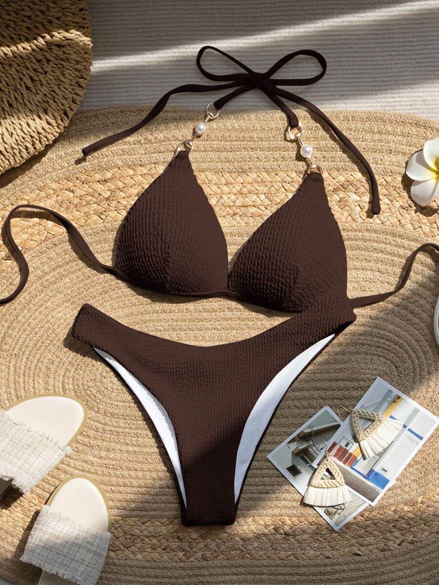 SHEIN Swim 女款夏季海灘素色掛脖綁帶性感比基尼兩件式泳衣套裝