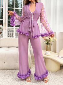 SHEIN 3pcs Women's Sleepwear Set: Embroidered Floral Mesh Splice Camisole Pants And Long Robe