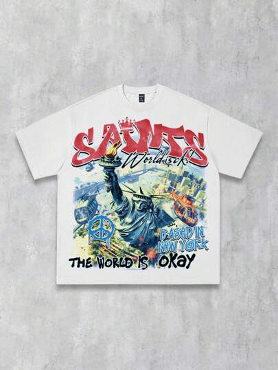 Street Life Men's Religious Angel Print Short Sleeve T-Shirt, Suitable For Casual Wear In Spring And Summer