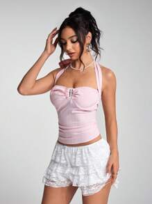 Flirla Vintage Textured Halter Neck Tank Top, Suitable For Spring/Summer Vacation - Pink - View 3