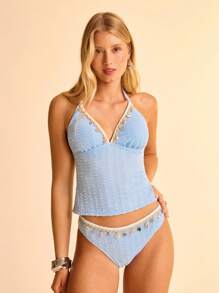 CAJUNI Women's Boho Style Sleeveless V-Neck Knitwear Top & Bikini Bottom Patchwork With Shell Tasseled Strap, Summer Vacation Beach 2-Piece Swimsuit Set - Blue - View 4