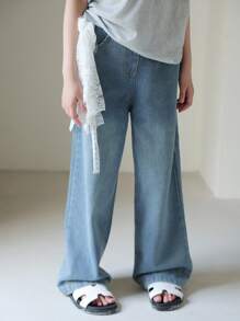 Jeans de mezclilla largos y sueltos con tirantes, estilo coreano informal para niñas preadolescentes - Azul lavado medio - Ver 3