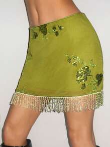 SHEIN Unity Women's Summer Beach Vacation Beaded Embroidery Tassel Hem Mini Skirt - Green - View 4