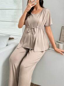 SHEIN 孕妇纯色抽绳腰部二合一短裤袖上衣和裤子睡衣套装 - 卡其色 - 查看 7