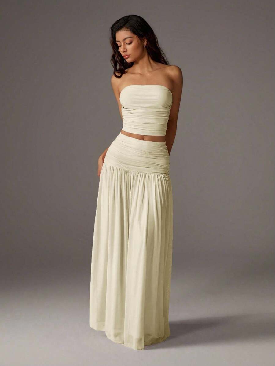 TRNVIE 2pcs Set Women Romantic Pink Mesh Bandeau Top And High Waist Pleated Mesh Maxi Skirt, Vacation Outfit Spring/Summer