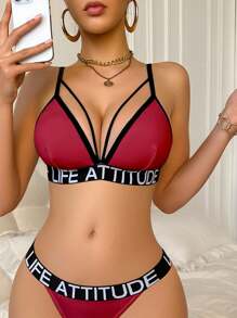 EasyFave Women's Letter Print Hollow Out Comfortable BraFor Everyday Wear Without Padding - Red - View 5